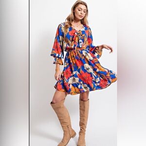easel Blue Floral Tie-Front Long-Sleeve Mini Dress